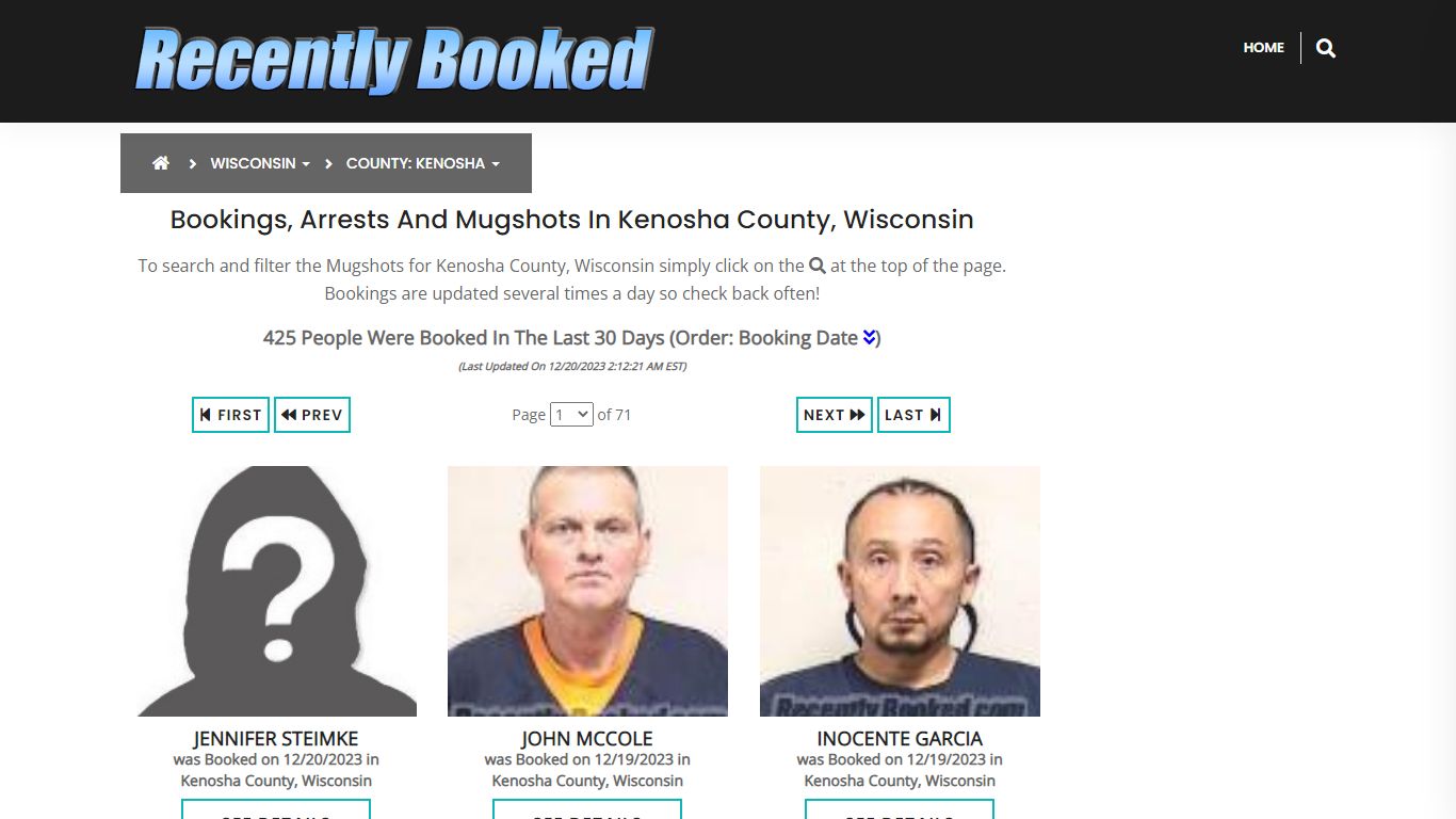 Bookings, Arrests and Mugshots in Kenosha County, Wisconsin