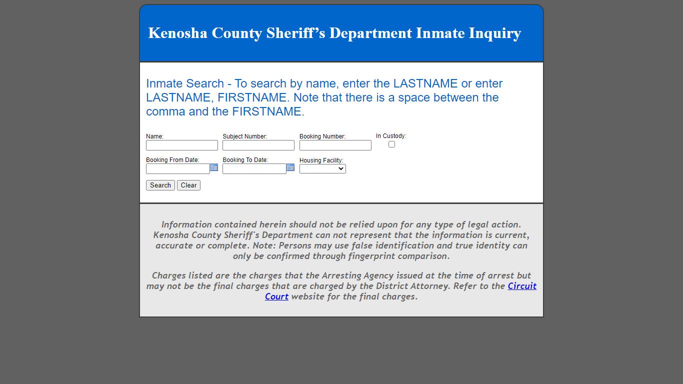 Inmate Search - To search by name, enter the LASTNAME or enter LASTNAME ...